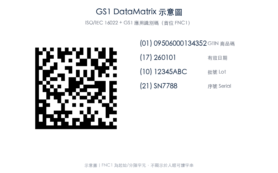 GS1 DataMatrix 示意:含 GTIN / 效期 / 批號 / 序號 應用識別碼