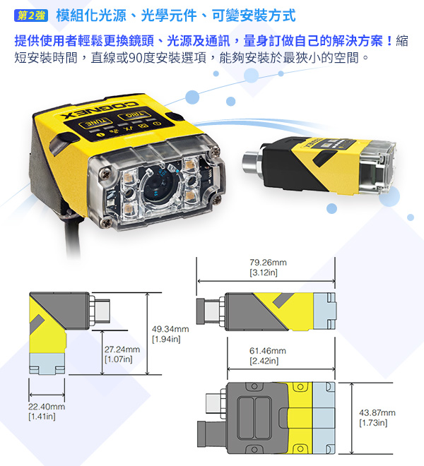 2.模組化光源、光學元件、可變安裝方式
提供使用者輕鬆更換鏡頭、光源及通訊，量身訂做自己的解決方案！縮短安裝時間，直線或90度安裝選項，能夠安裝於最狹小的空間。